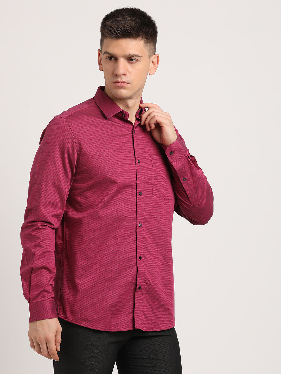 100% Cotton Maroon Dobby Slim Fit Full Sleeve Formal Shirt