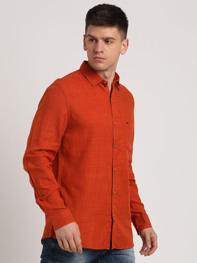 Cotton Lyocell Orange Plain Slim Fit Full Sleeve Casual Shirt