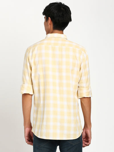 100% Cotton Yellow Checkered Slim Fit Full Sleeve Casual Shirt