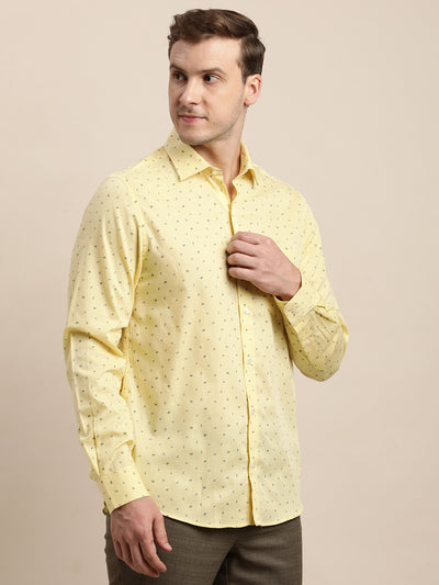 100% Cotton Yellow Printed Slim Fit Full Sleeve Formal Shirt