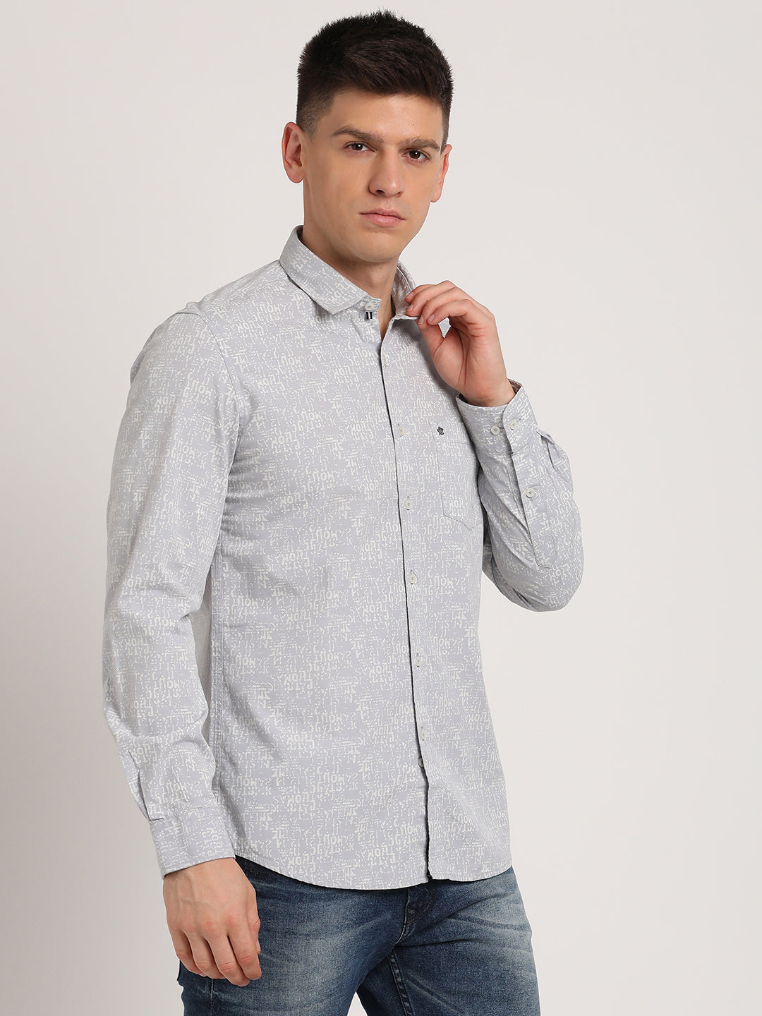 100% Cotton Grey Printed Slim Fit Full Sleeve Casual Shirt