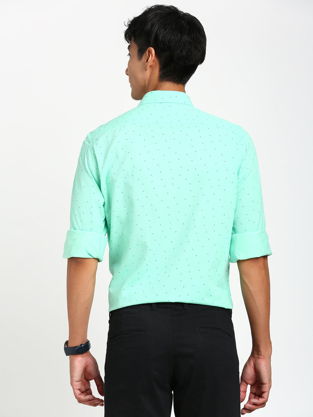 Cotton Tencel Sea Green Printed Slim Fit Full Sleeve Casual Shirt