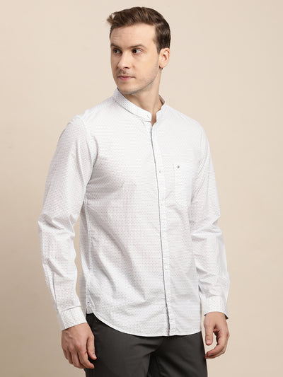 100% Cotton White Printed Slim Fit Mandarin Collar Casual Shirt