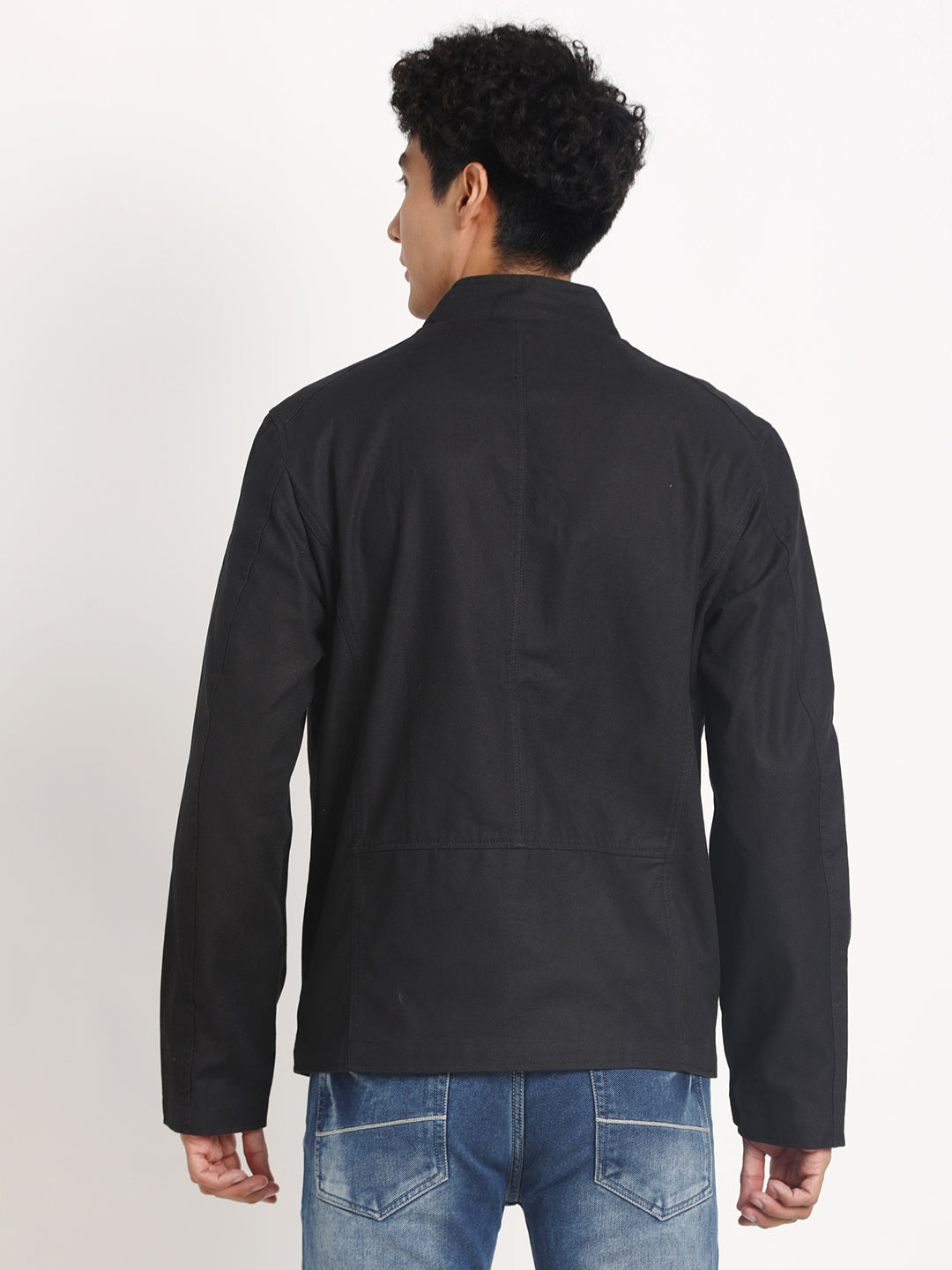 Cotton Blend Black Self Design Regular Fit Full Sleeve Casual Windcheater