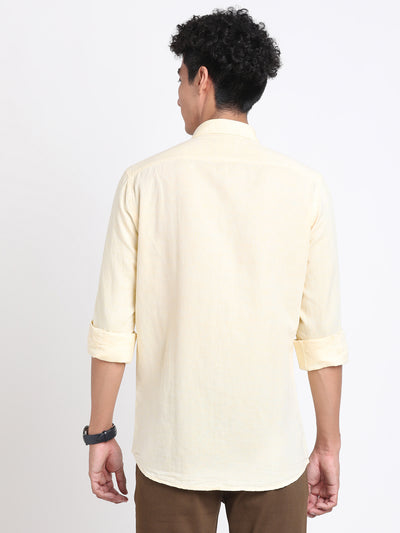 Cotton Linen Yellow Plain Slim Fit Full Sleeve Casual Shirt