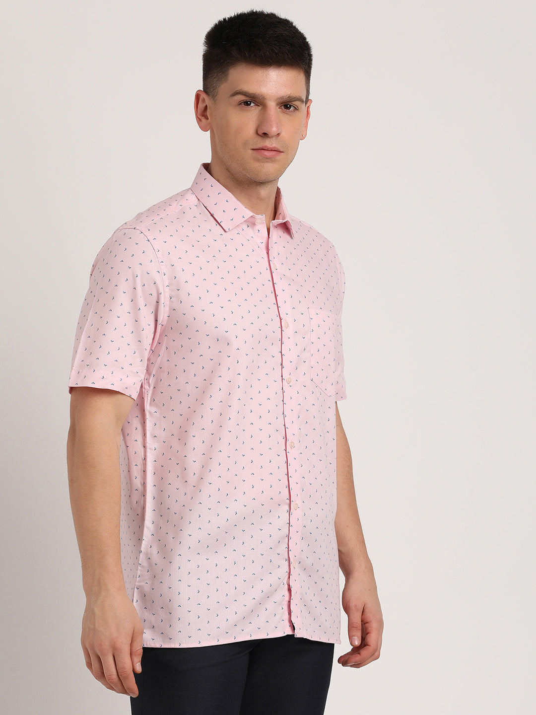 100% Cotton Pink Printed Regular Fit Half Sleeve Formal Shirt