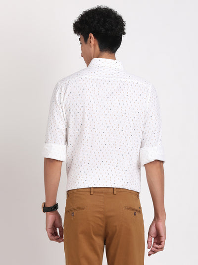 100% Cotton White Printed Slim Fit Full Sleeve Casual Shirt