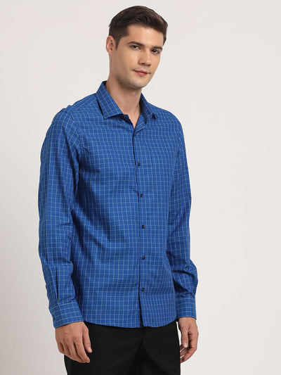 100% Cotton Blue Checkered Slim Fit Full Sleeve Formal Shirt