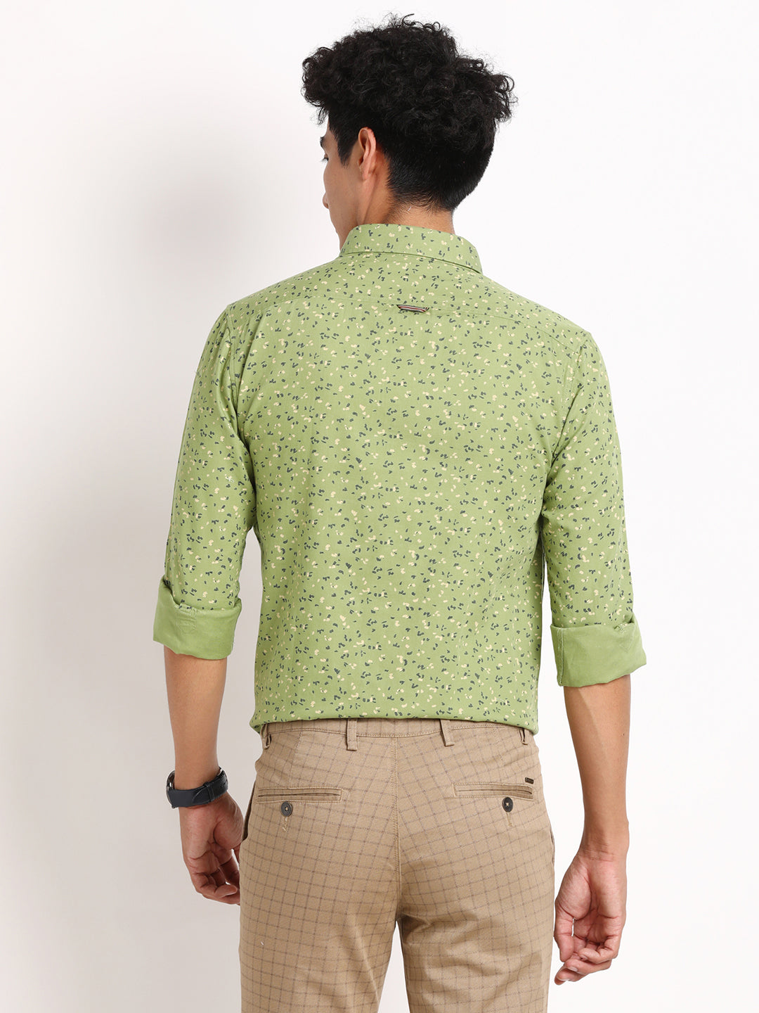 100% Cotton Light Green Printed Slim Fit Full Sleeve Casual Shirt