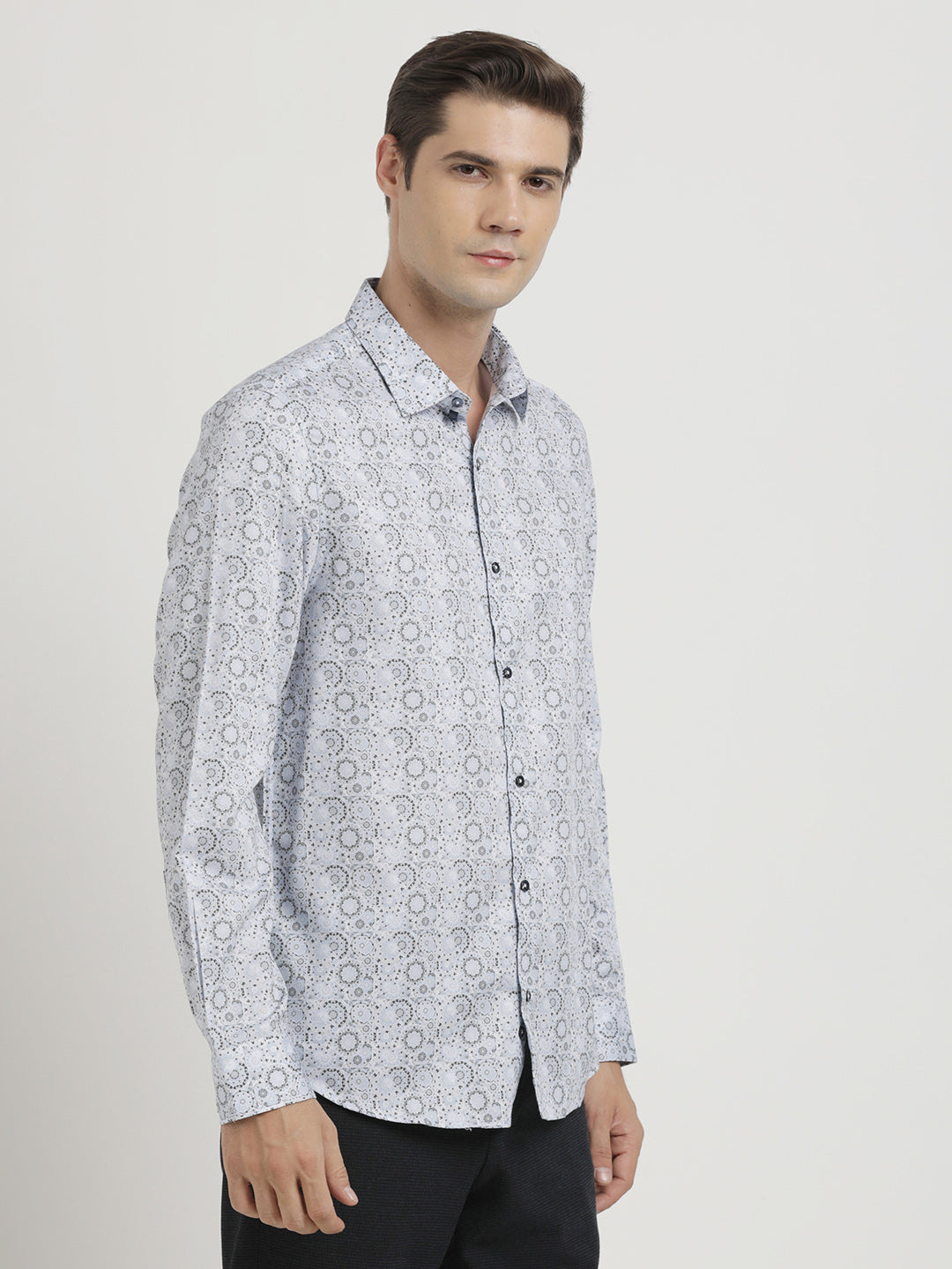 Cotton Tencel Grey Printed Slim Fit Full Sleeve Ceremonial Shirt