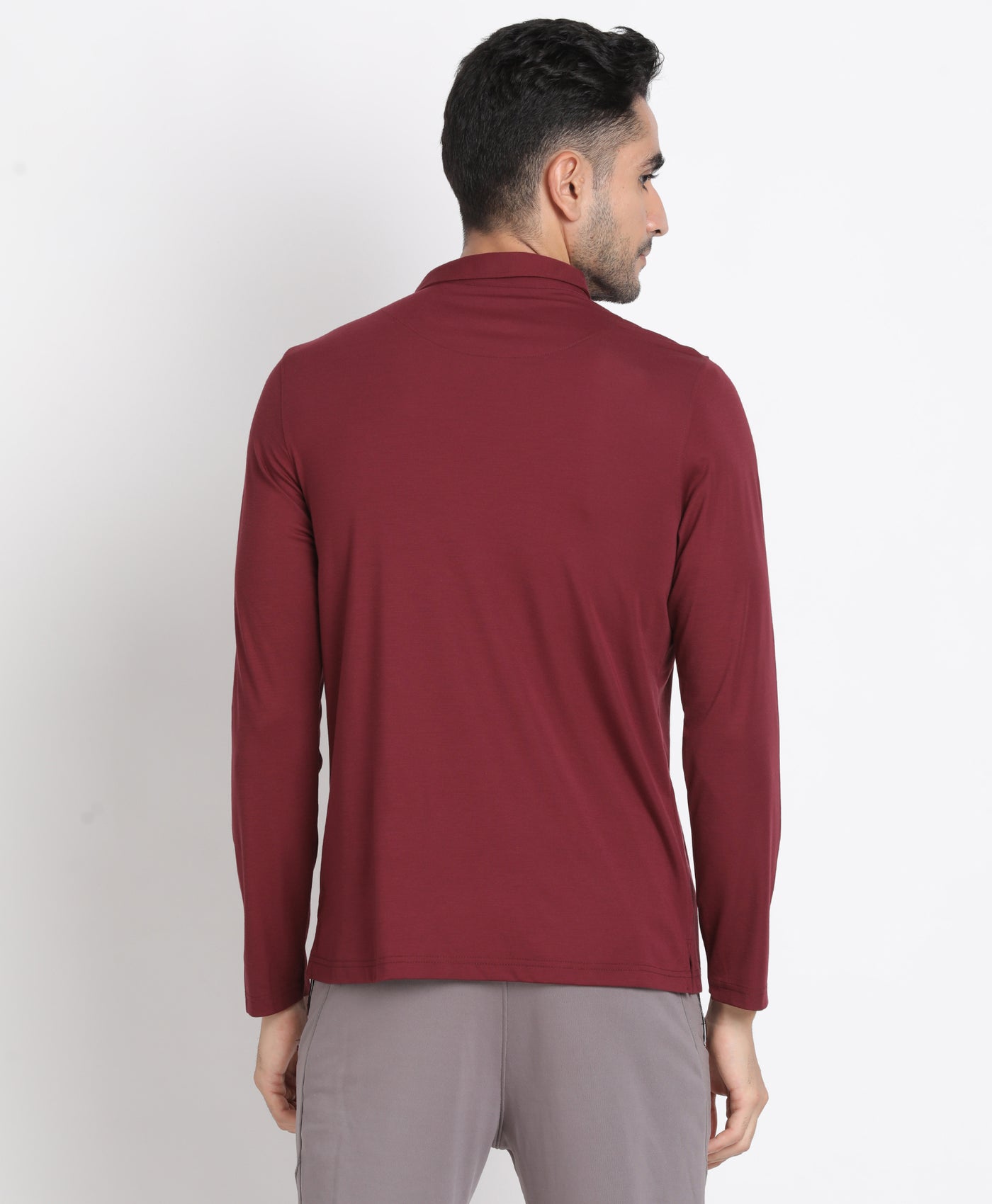 Cotton Tencel Maroon Plain Polo Neck Full Sleeve Casual T-Shirt
