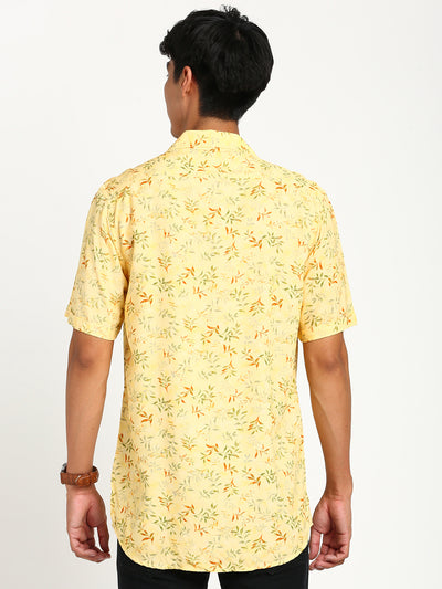 Cotton Yellow Printed Slim Fit Half Sleeve Casual Shirt