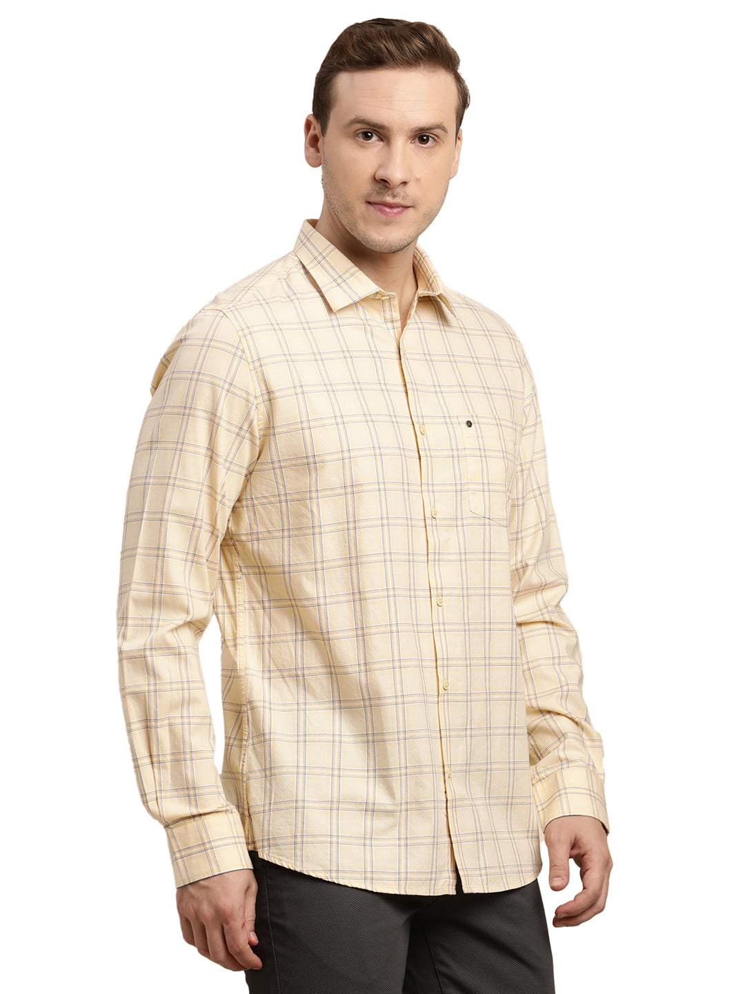 100% Cotton Beige Checkered Slim Fit Full Sleeve Casual Shirt