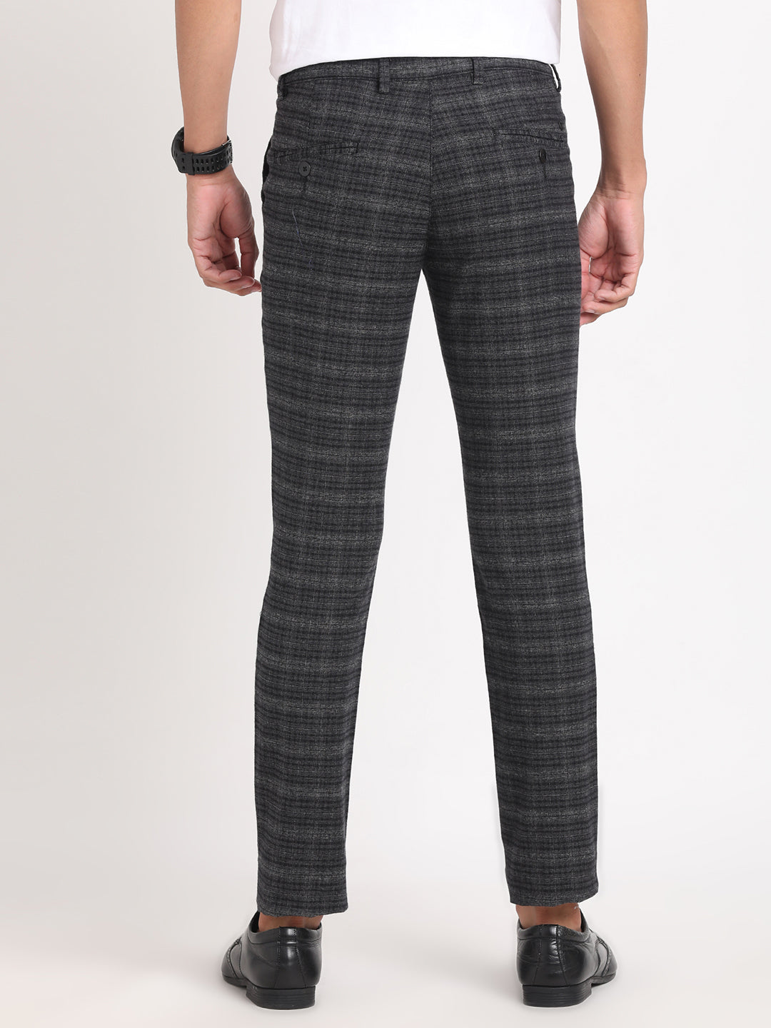 Cotton Stretch Grey Checkered Narrow Fit Flat Front Casual Trouser