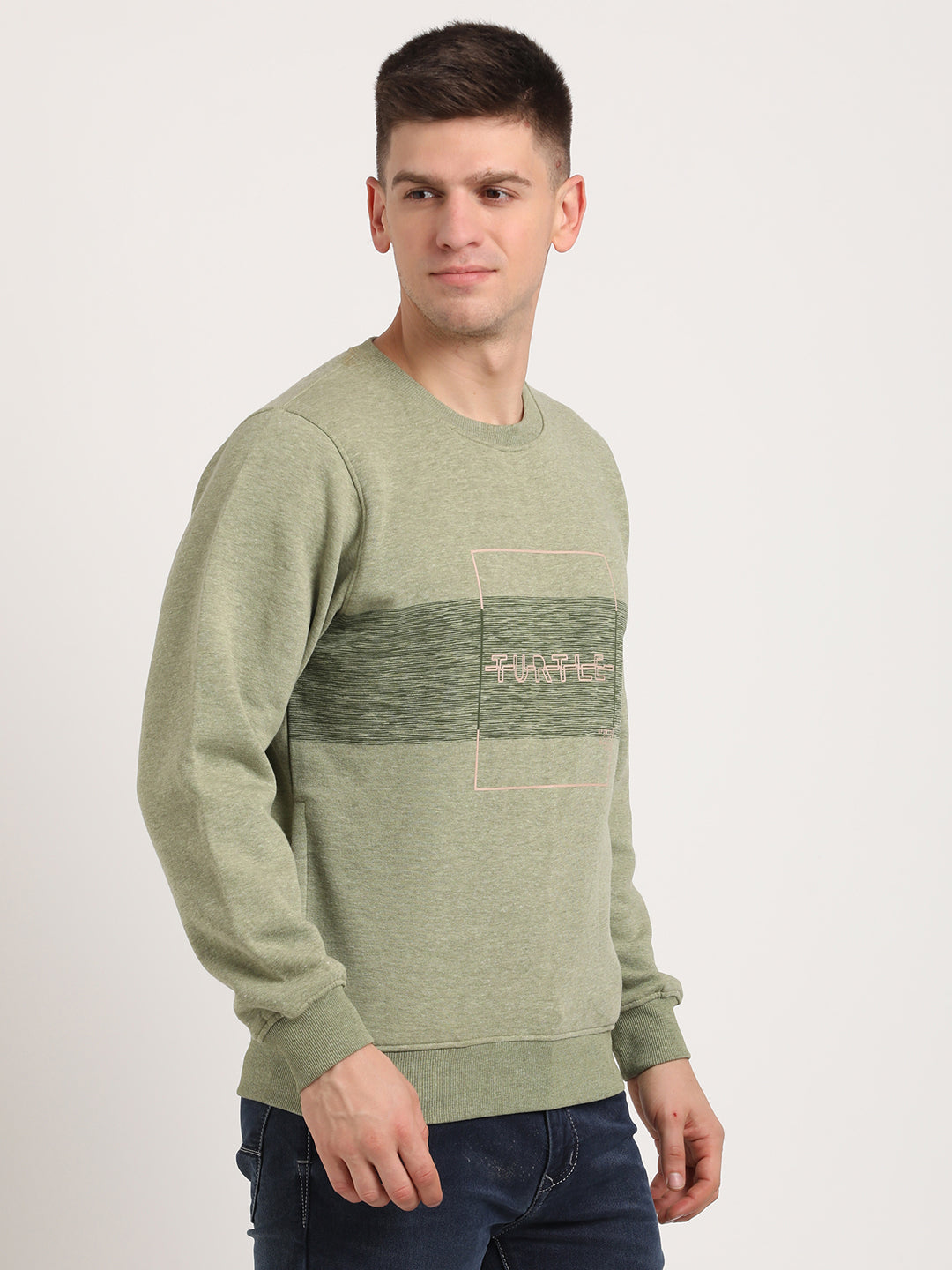 Cotton Stretch Olive Plain Regular Fit Full Sleeve Casual Sweatshirt