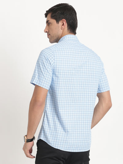 100% Cotton Blue Checkered Slim Fit Half Sleeve Casual Shirt