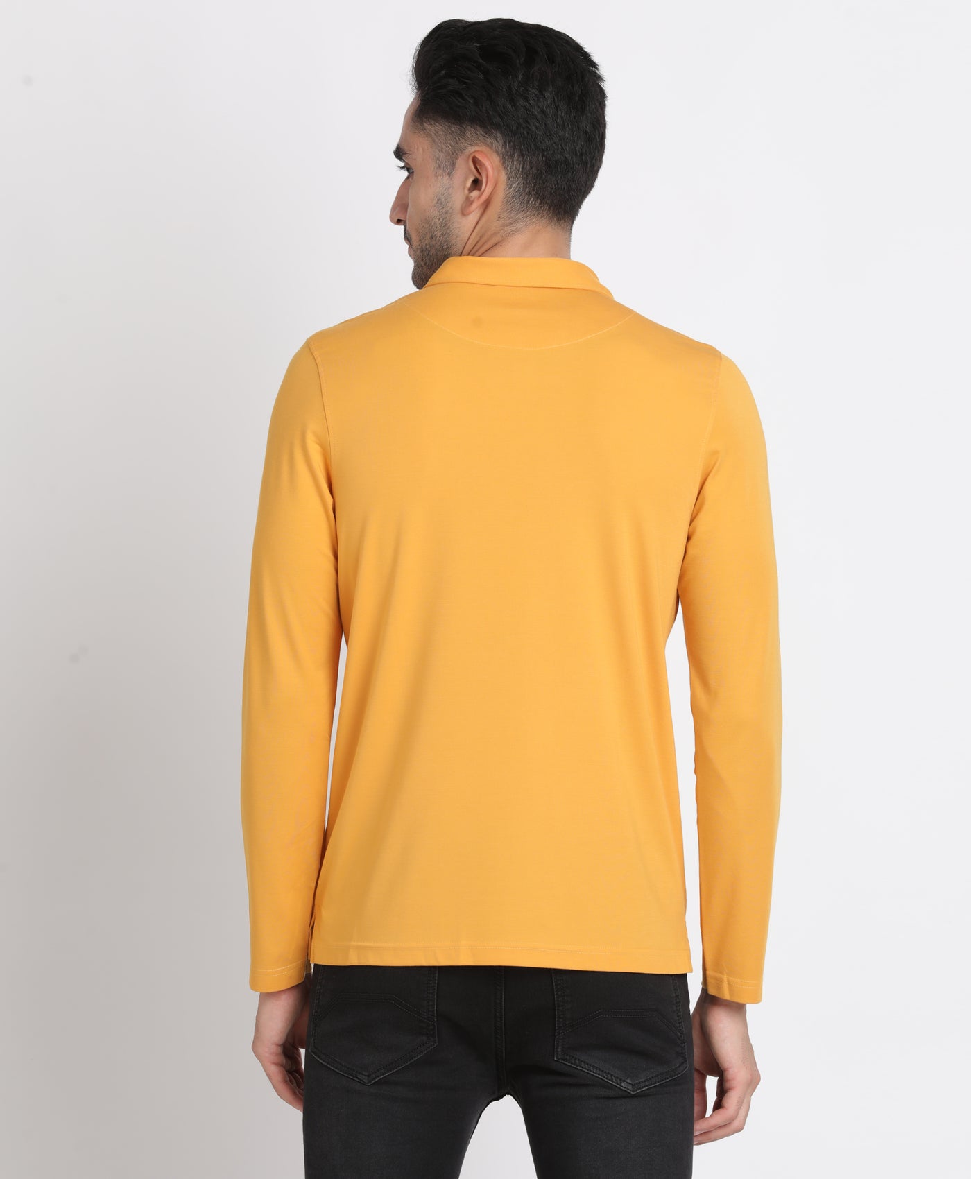 Cotton Tencel Mustard Yellow Plain Polo Neck Full Sleeve Casual T-Shirt