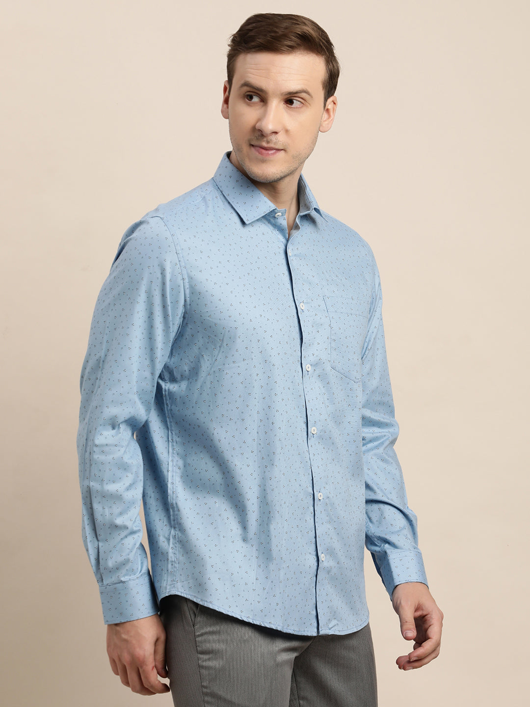 100% Cotton Light Blue Printed Slim Fit Full Sleeve Formal Shirt