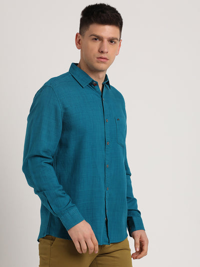 Cotton Lyocell Teal Plain Slim Fit Full Sleeve Casual Shirt