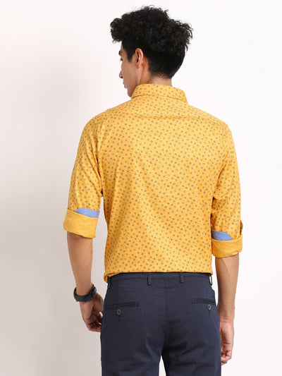100% Cotton Mustard Printed Slim Fit Full Sleeve Formal Shirt