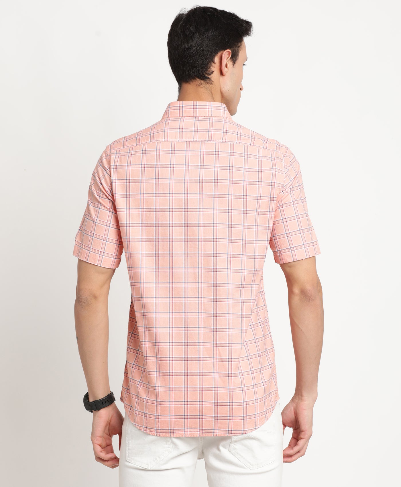 100% Cotton Peach Checkered Slim Fit Half Sleeve Casual Shirt