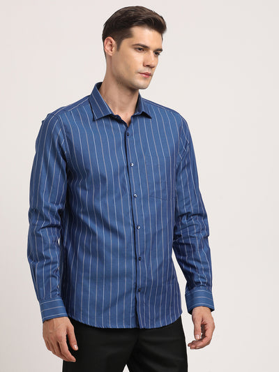 100% Cotton Blue Striped Slim Fit Full Sleeve Formal Shirt