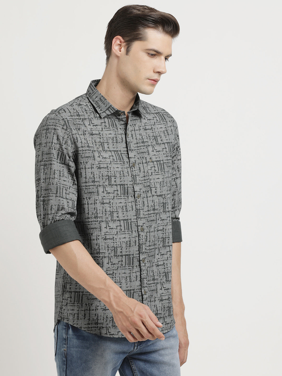 100% Cotton Grey Printed Slim Fit Full Sleeve Casual Shirt