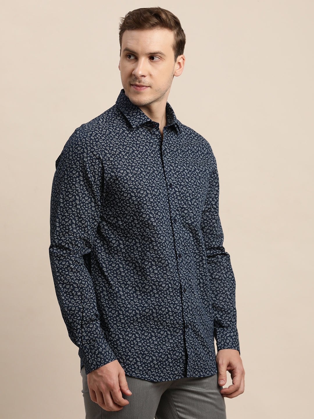 Cotton Linen Dark Blue Printed Slim Fit Full Sleeve Formal Shirt