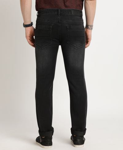 Cotton Stretch Black Plain Narrow Fit Flat Front Casual Jeans