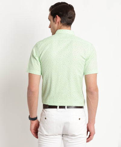 Cotton Linen Green Printed Regular Fit Half Sleeve Formal Shirt