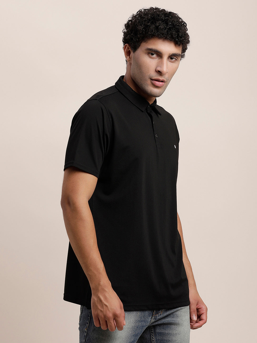 Cotton Plain Black Polo Neck T-Shirt