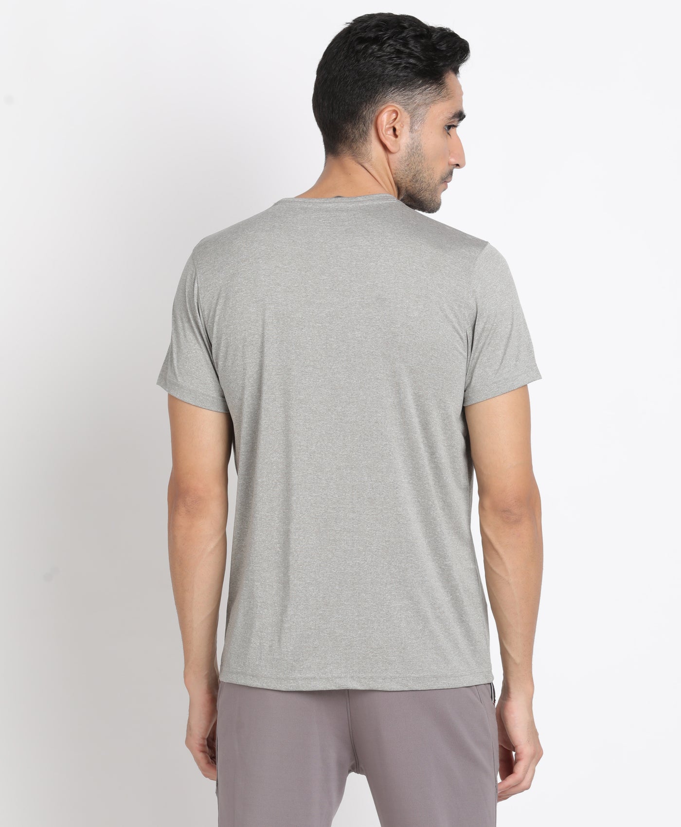 Polyester Grey Printed Crew Neck Half Sleeve Active Essential T-Shirt