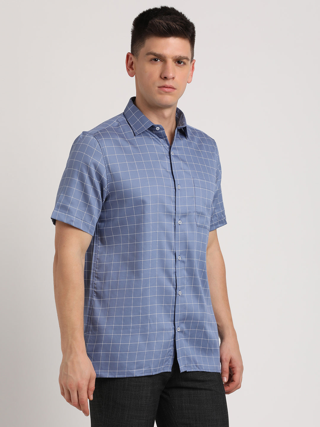 100% Cotton Light Blue Checkered Regular Fit Half Sleeve Formal Shirt