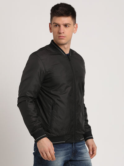 Polyester Solid Black & Brown Zipper Reversible Windcheater Jacket