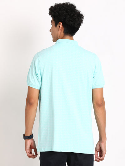 100% Cotton Turquoise Printed Polo Neck Half Sleeve Casual T-Shirt