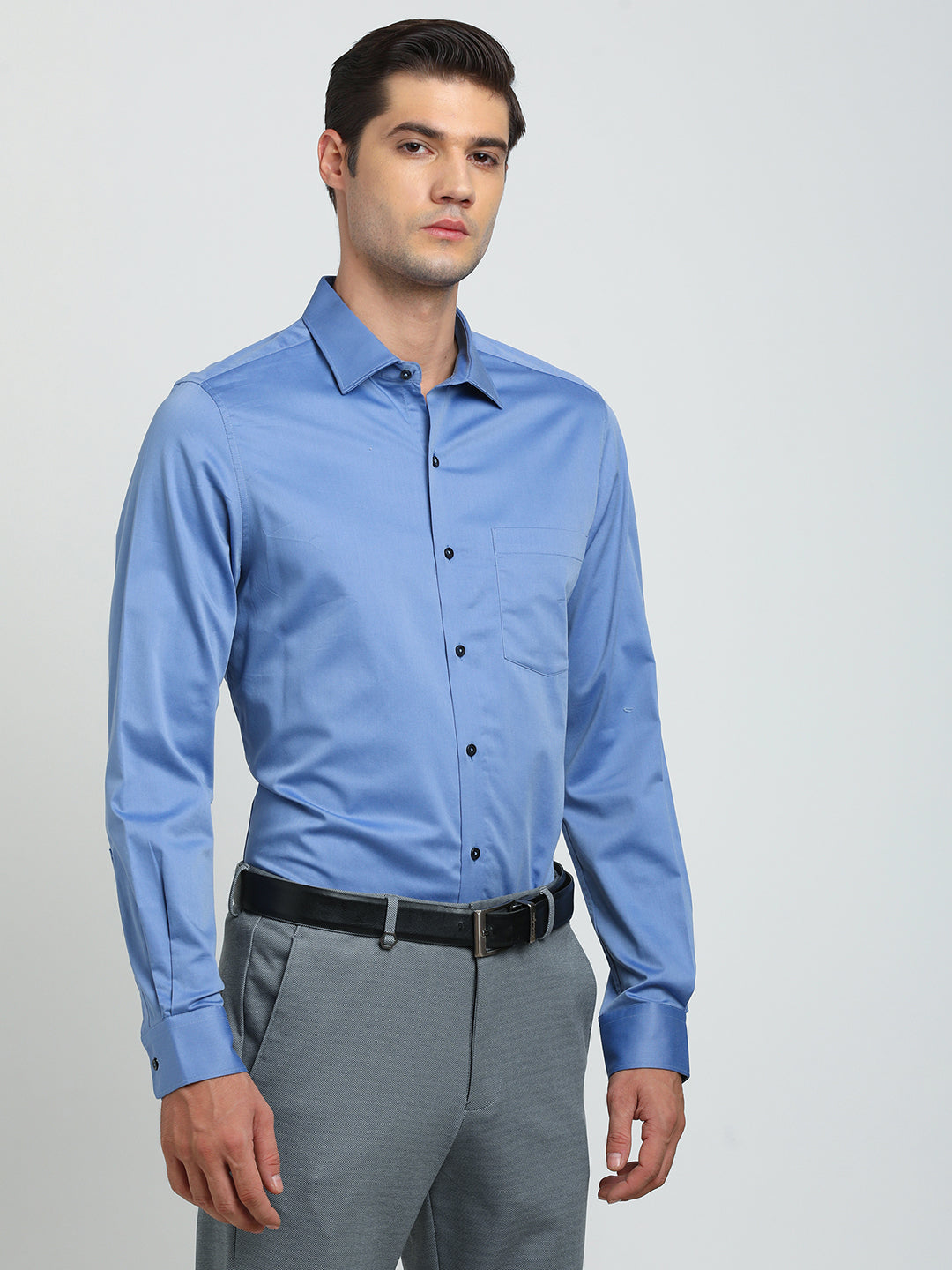 100% Cotton Blue Plain Slim Fit Full Sleeve Formal Shirt