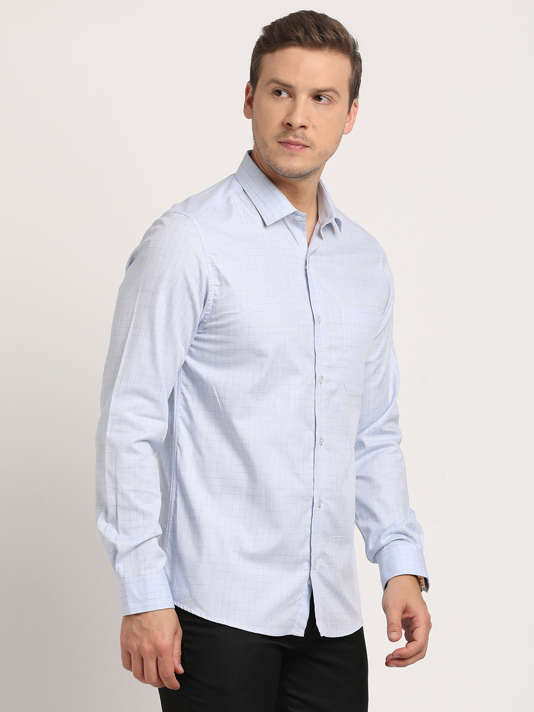 100% Cotton Light Blue Checkered Slim Fit Full Sleeve Formal Shirt