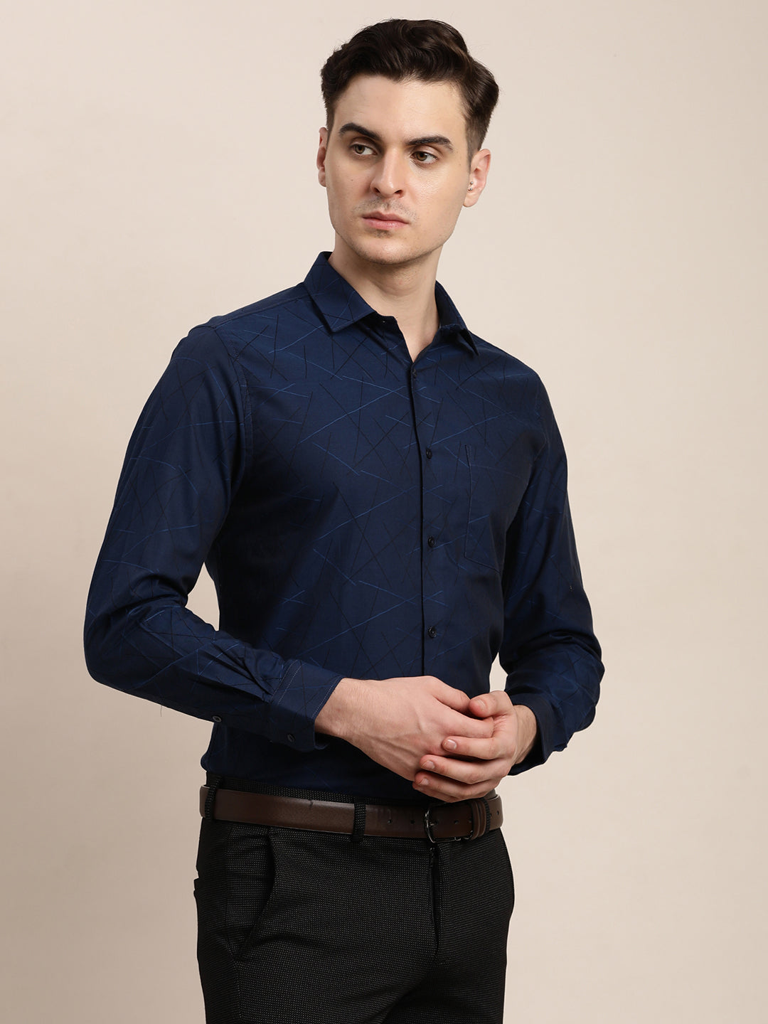 Giza Cotton Dark Blue Jacquard Slim Fit Full Sleeve Ceremonial Shirt