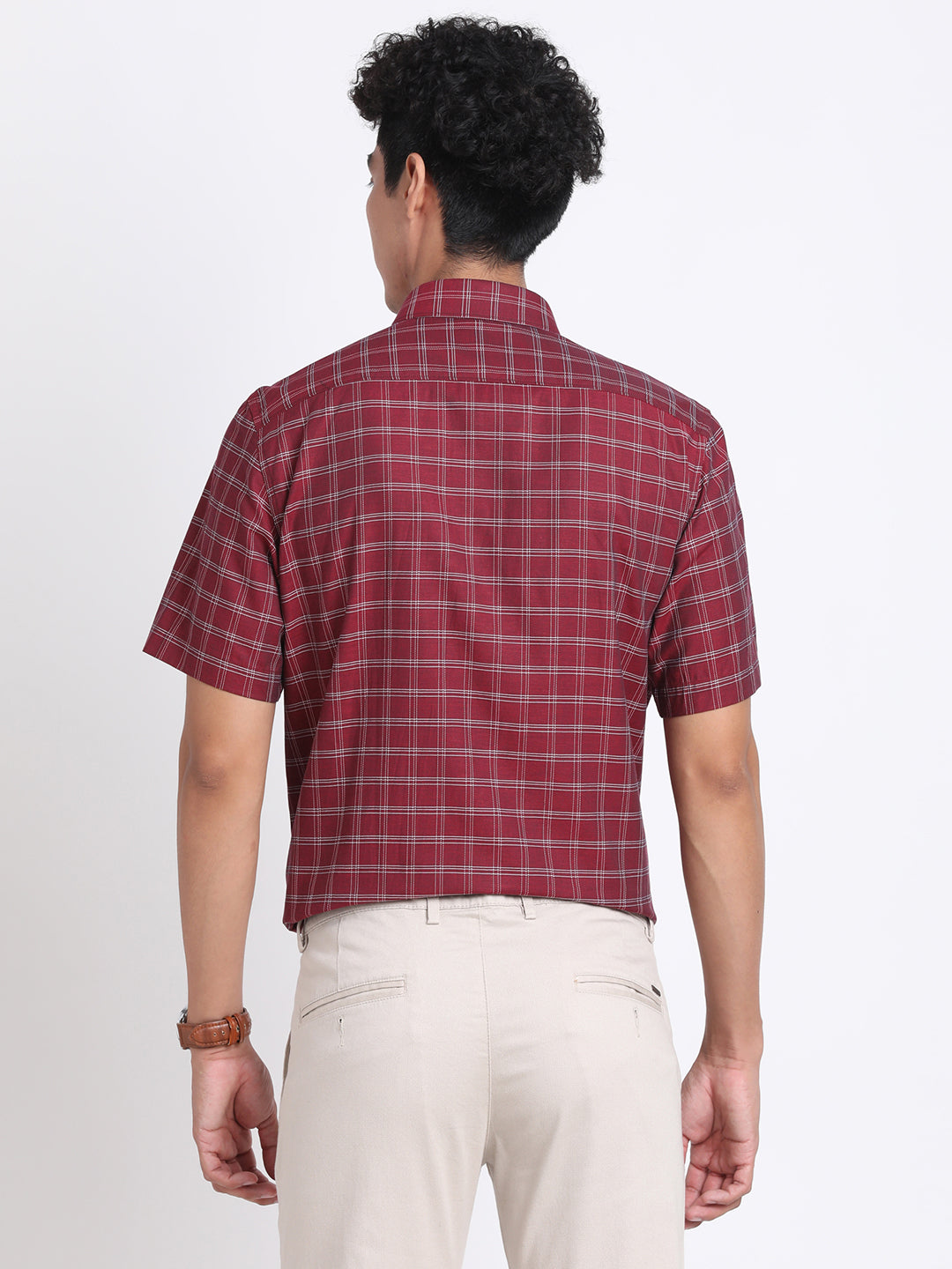 100% Cotton Maroon Checkered Regular Fit Half Sleeve Formal Shirt