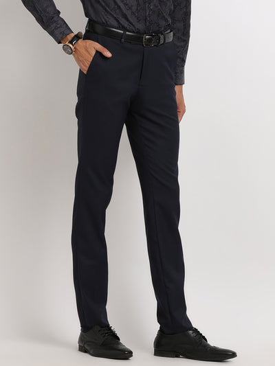 Poly Viscose Navy Blue Plain Slim Fit Flat Front Formal Trouser
