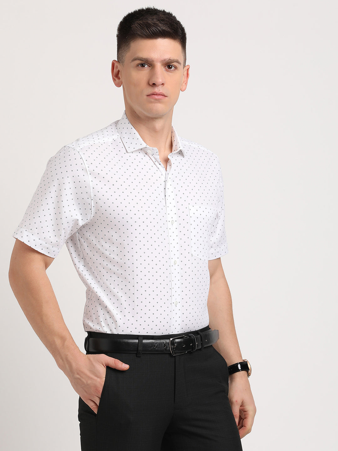 100% Cotton White Printed Slim Fit Half Sleeve Formal Shirt