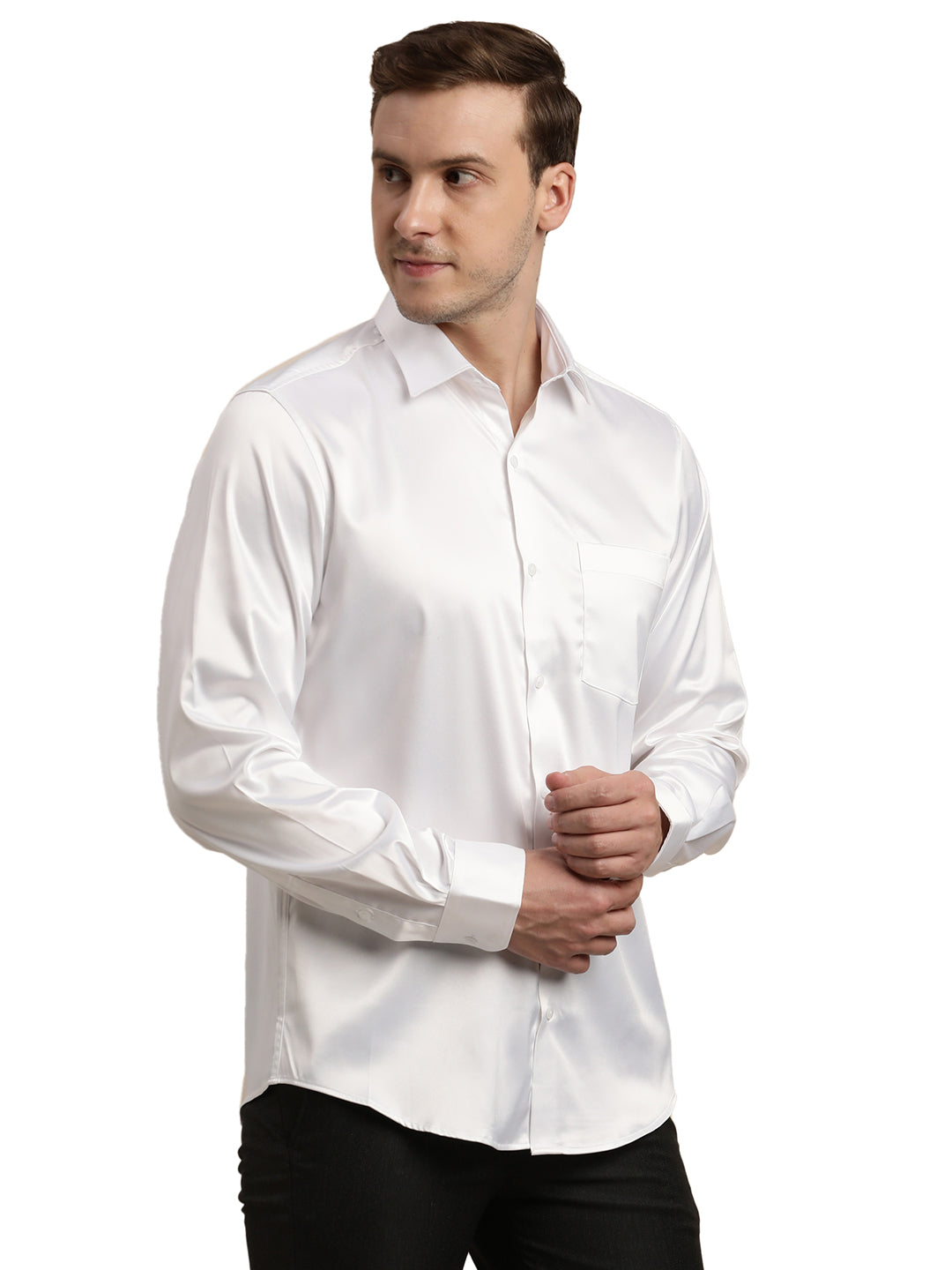 Poly Satin White Plain Slim Fit Full Sleeve Ceremonial Shirt