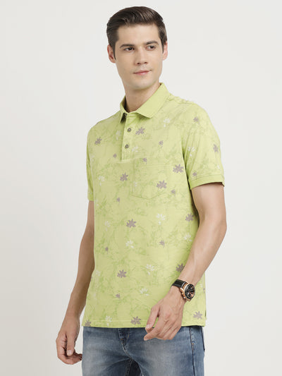 Poly Cotton Stretch Lime Green Printed Polo Neck Half Sleeve Casual T-Shirt