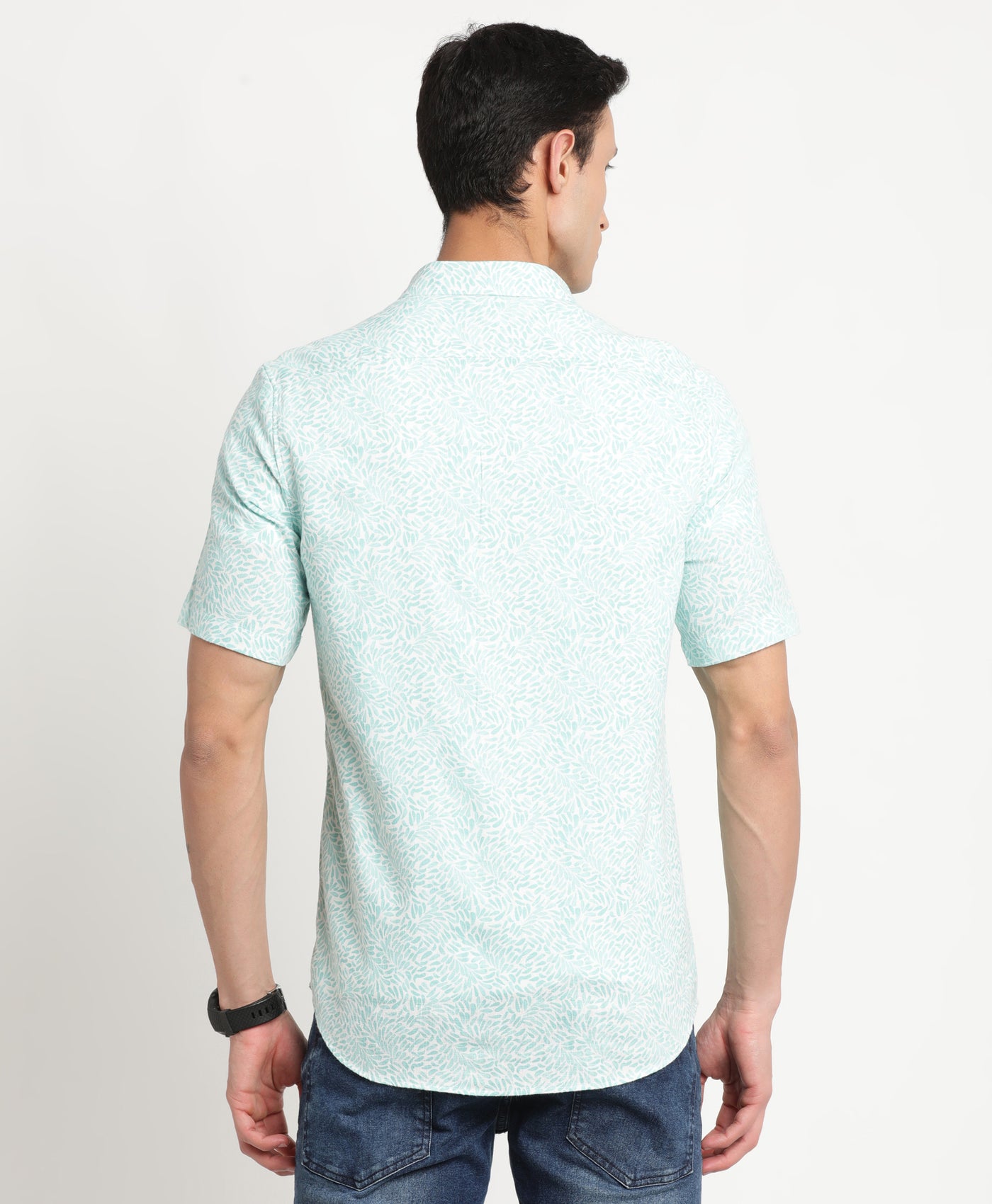 Excel Linen Sky Blue Printed Slim Fit Half Sleeve Casual Shirt
