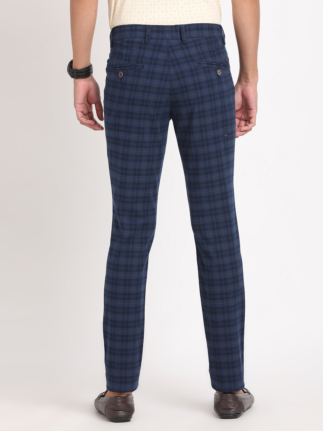 Cotton Stretch Blue Checkered Narrow Fit Flat Front Casual Trouser