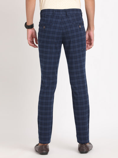 Cotton Stretch Blue Checkered Narrow Fit Flat Front Casual Trouser