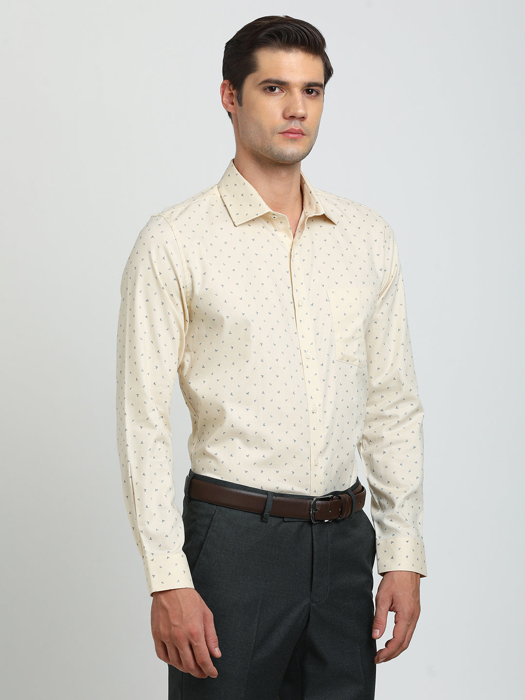 100% Cotton Beige Printed Slim Fit Full Sleeve Formal Shirt