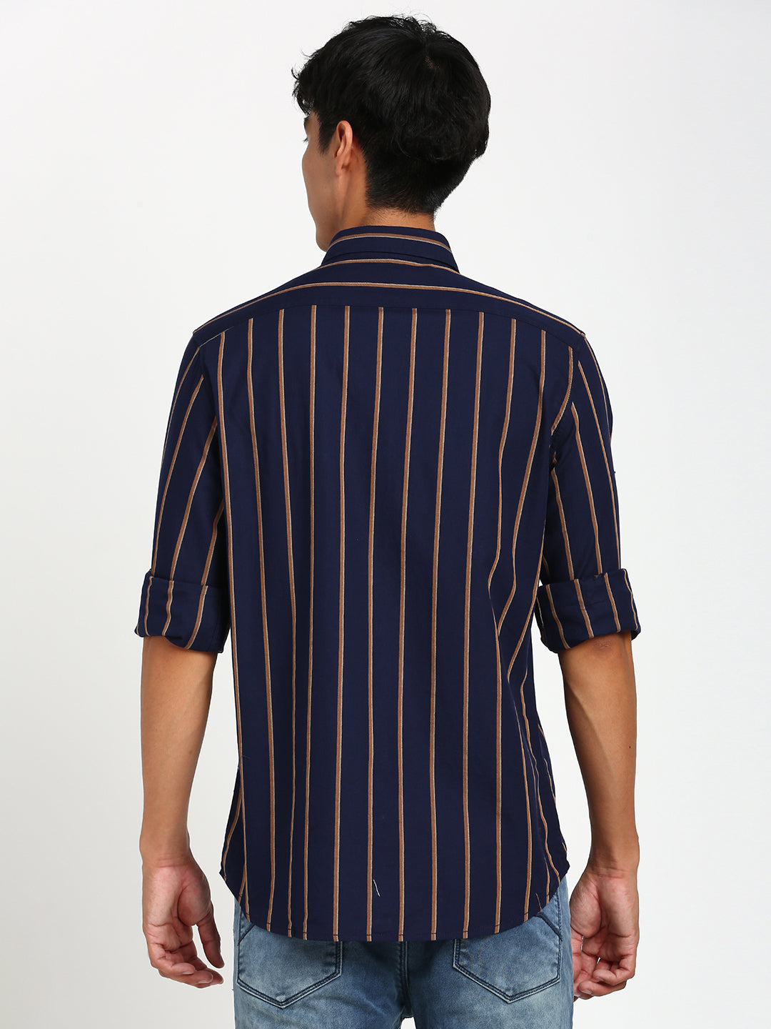 100% Cotton Navy Blue Striped Slim Fit Full Sleeve Casual Shirt