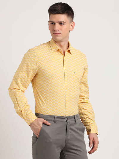 100% Cotton Yellow Printed Slim Fit Full Sleeve Casual Shirt