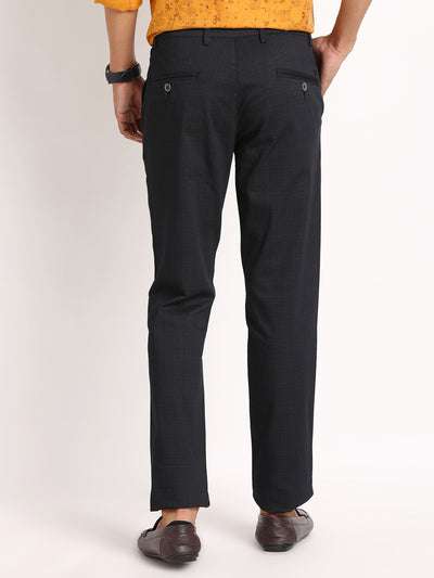 Cotton Stretch Charcoal Checkered Ultra Slim Fit Flat Front Casual Trouser